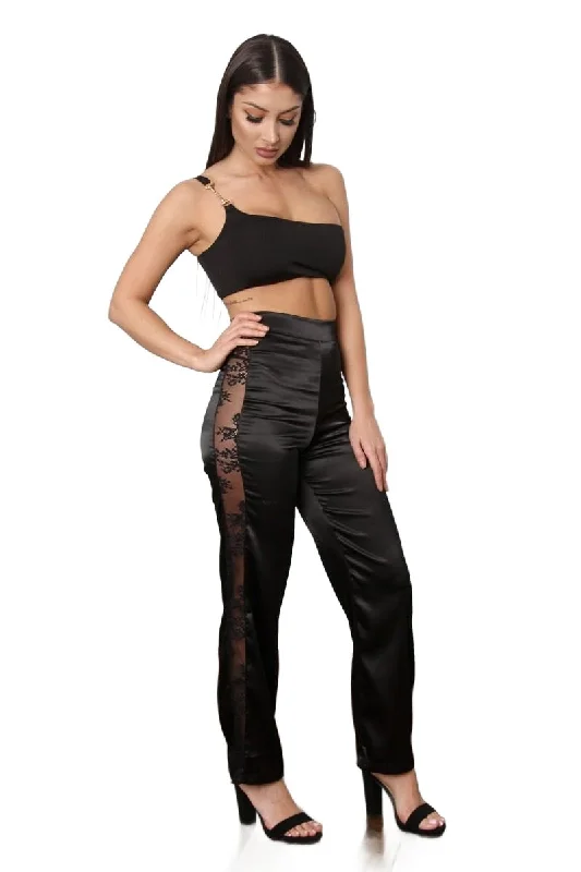 TIC TOC - Hi Waist - Satin Wide Leg Lace Pants Stretch Fit Pants