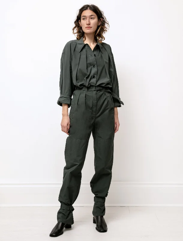 Pleated Pants with Straps Deep Forest Relaxed High-Waist Trousers