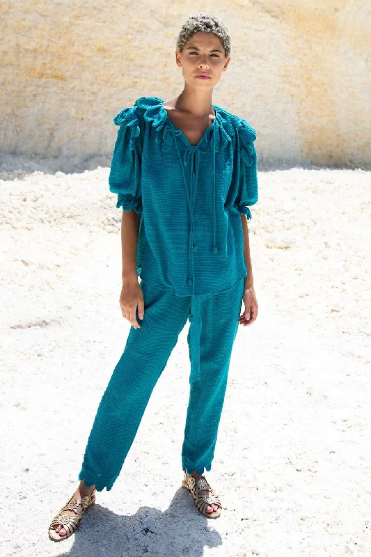 Giada Pants Plain Waffle Blue Paon Modern Bootcut Pants