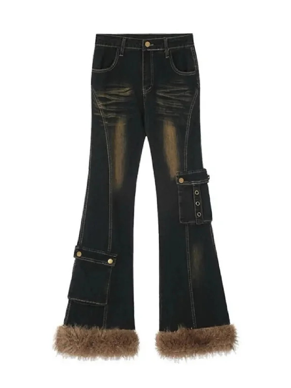 'Teddy' Retro Distressed Fluffy  Denim Bell Bottom Pants Stretch Fit Pants