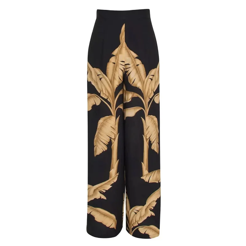 Jungle Gold Palm Marbella Pants Black Fashionable Tapered Leg Pants