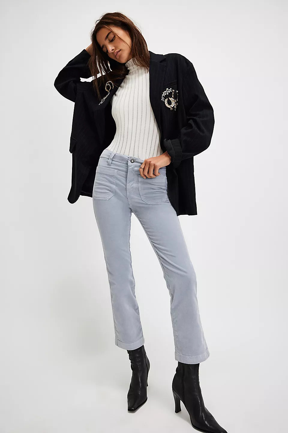 Free People High Time Velvet Kick Flare Pants - PEARL BLUE Stylish Paperbag Waist Pants