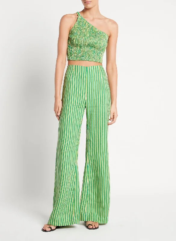 Green Stripe High Waisted Linen Pants Stylish Elastic Waist Pants
