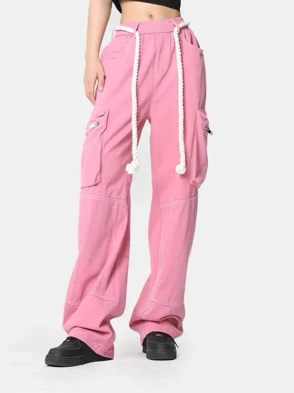 'Pink Wall' Rope Belt Oversized Cargo Pants Relaxed Linen Pants