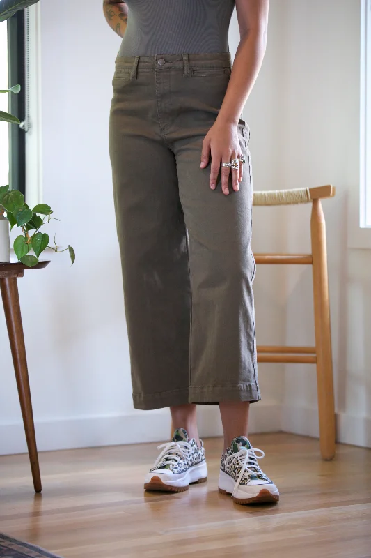 OAT High Rise Clean Wide Leg Crop Pant in Olive Comfortable Pleated Pants