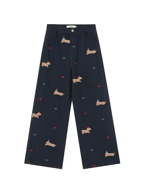 'Puppy Party' Kawaii Dots Puppy Embroidery Denim Pants Elegant Wool Trousers