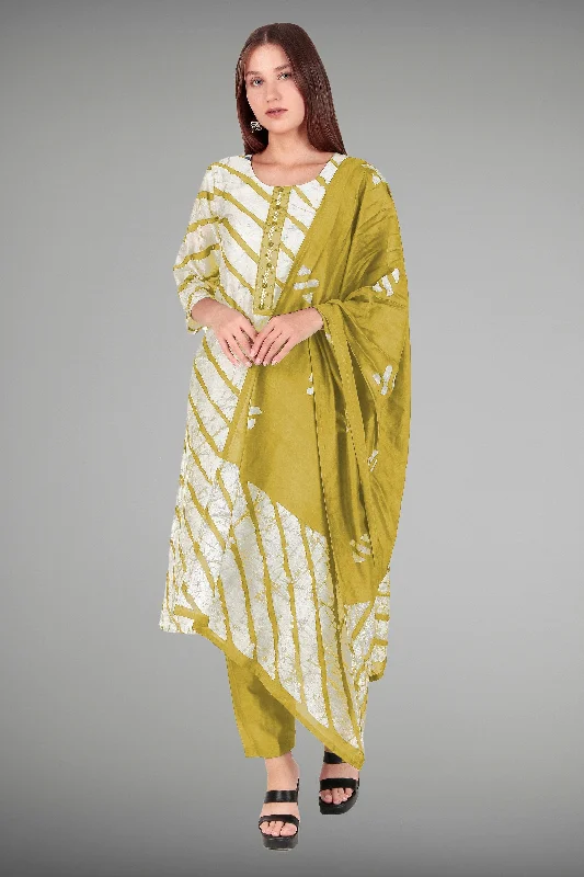 Ladyline Womens Silk Ethnic Batik Printed Hand Work Salwar Kameez with Silk Dupatta Kurta Pants Set Classic Straight Pants