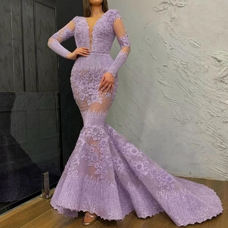 luxury purple evening dresses long sleeve mermaid lace applique beaded modest floral evening gown
