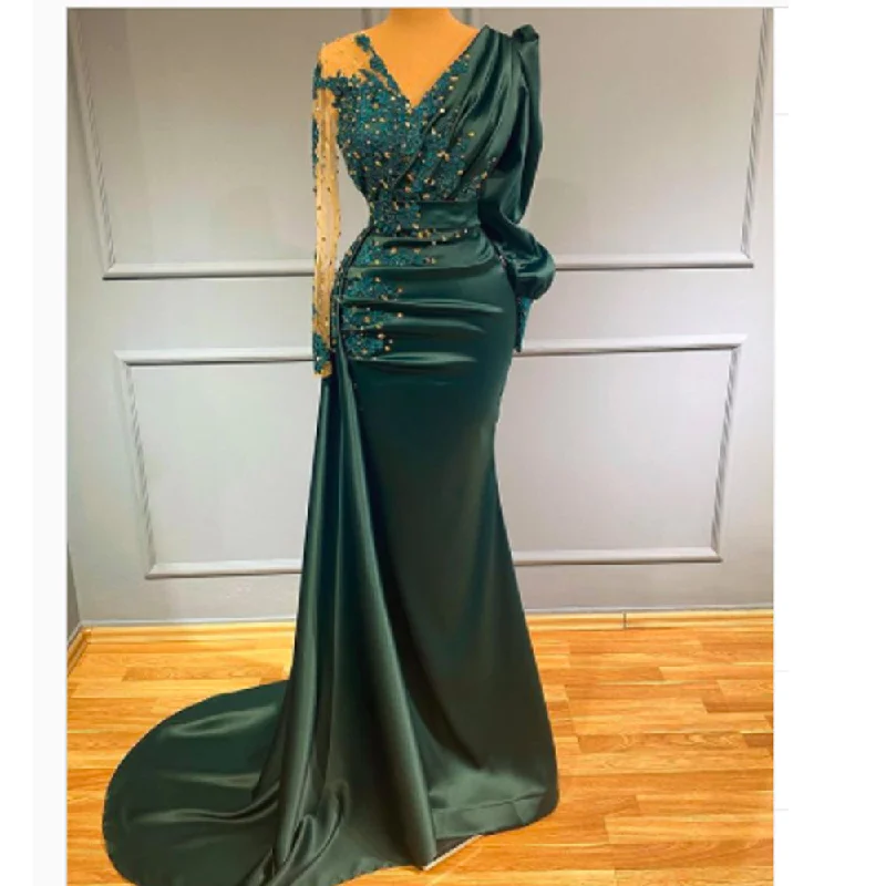 green modest evening dresses long sleeve v neck beaded elegant evening gown vestidos de fiesta green modest evening dresses long sleeve v neck beaded elegant evening gown vestidos de fiesta