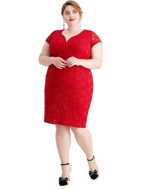 Connected Women's Plus Metallic Sheath Dress Red Size 14W | Red