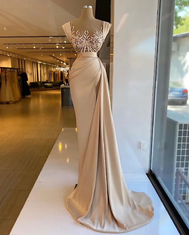 lace applique mermaid evening dresses long cap sleeve modest elegant champagne formal dress vestidos de fiesta lace applique mermaid evening dresses long cap sleeve modest elegant champagne formal dress vestidos de fiesta