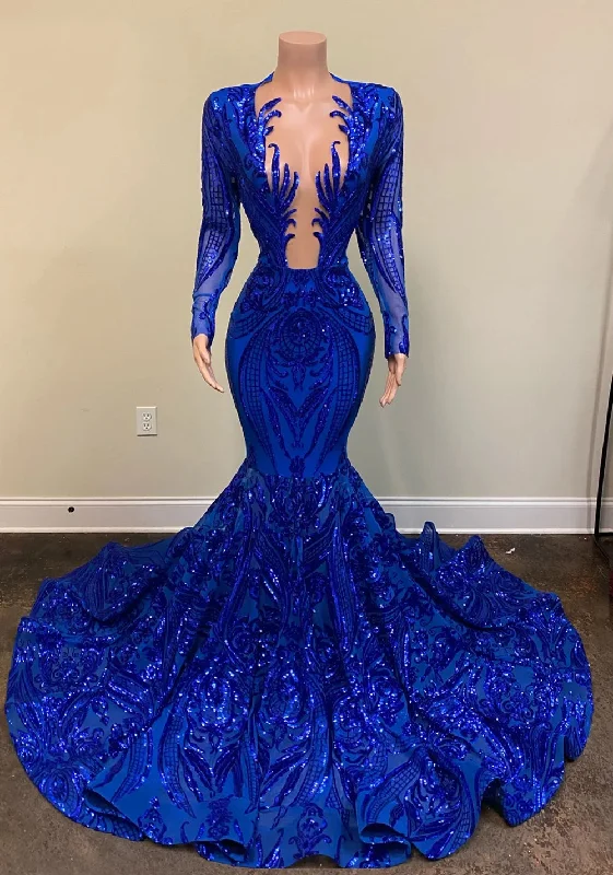 sparkly evening dresses long sleeve v neck sequin applique royal blue mermaid evening gown vestidos de fiesta sparkly evening dresses long sleeve v neck sequin applique royal blue mermaid evening gown vestidos de fiesta