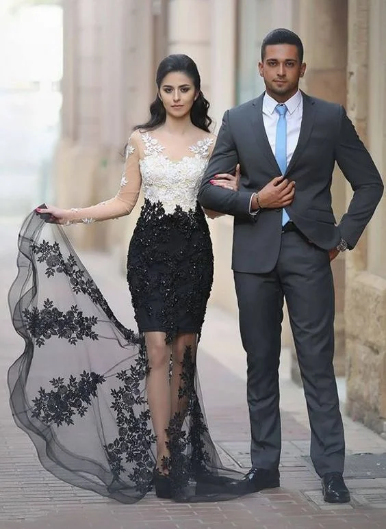 sexy formal wear black and white lace applique beaded sheer evening dresses long sleeve arabic prom gown