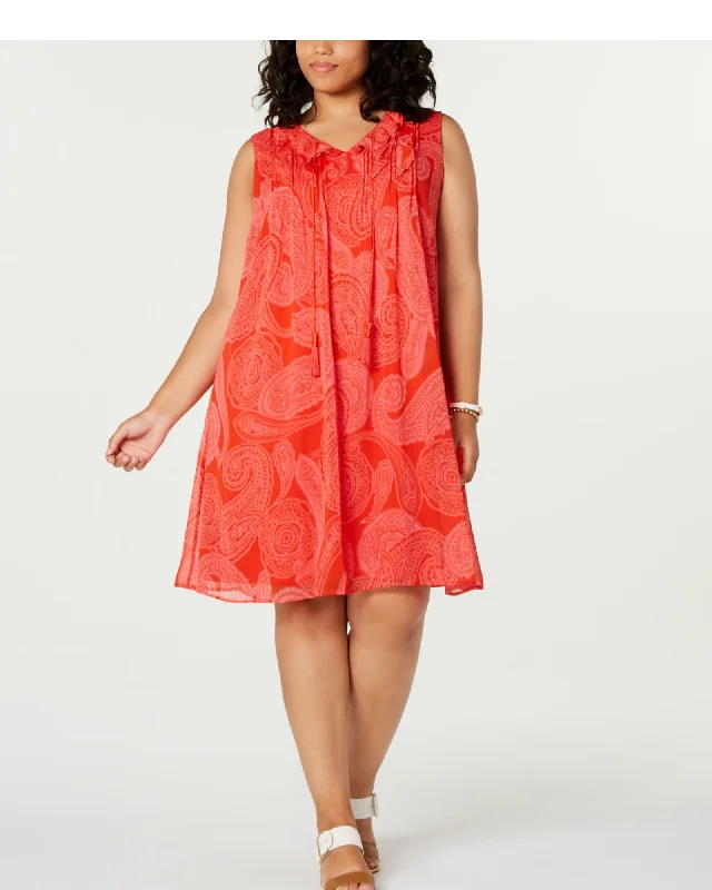 Tommy Hilfiger Women's Plus Paisley Print Tassel Tie Dress Orange Size 2X | Orange
