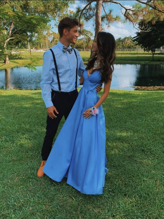 Chic A-line Blue V Neck Prom Dress,Blue Formal Dress  cc922