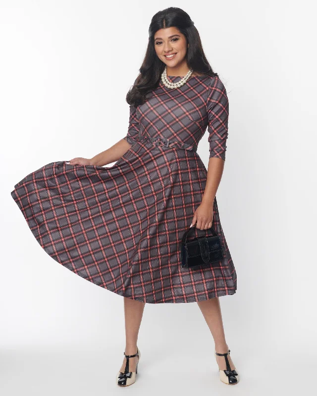 Unique Vintage Red Bias Plaid Devon Swing Dress | Black/Plaid