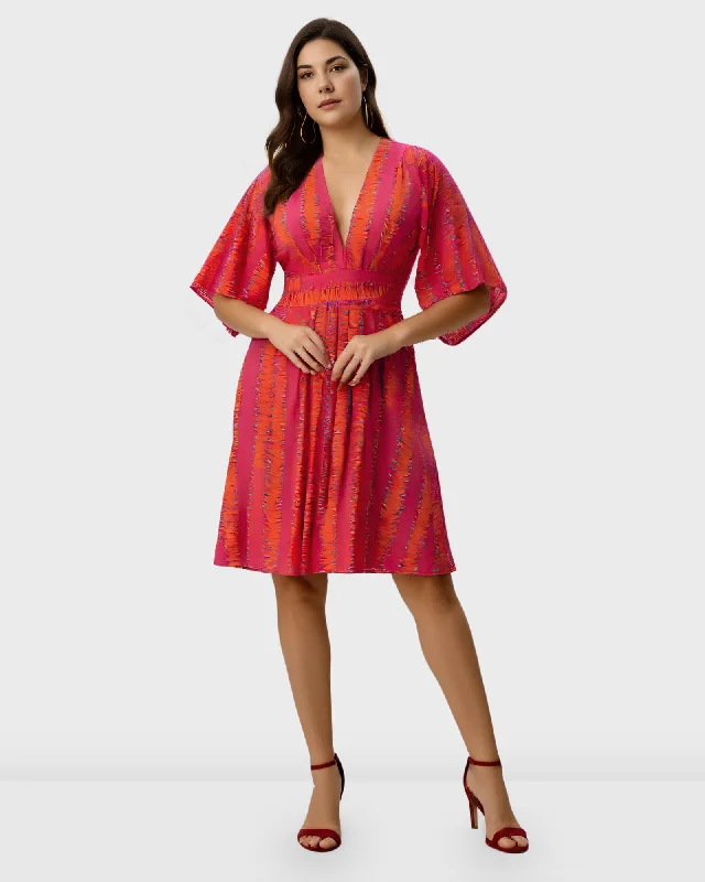 Plunge linear graphic print cotton voile dress | Fuchsia