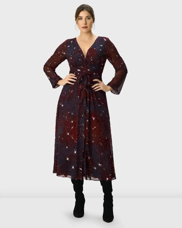 Tie waist celestial print georgette empire dress | Wine