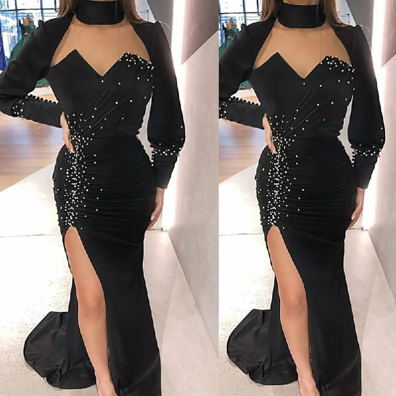 black evening dresses long sleeve high neck mermaid modest vintage sexy formal evening gown
