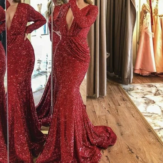 red sparkly evening dresses long sleeve mermaid sequin modest sexy formal dresses vested de Longo red sparkly evening dresses long sleeve mermaid sequin modest sexy formal dresses vested de Longo