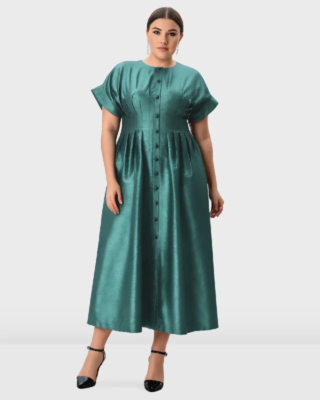 Faux Button Front Release Pleat Poly Dupioni Dress | Stargazer Green
