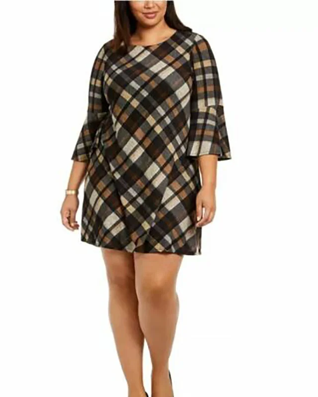 Jessica Howard Women's Plus Size Plaid Bell-Sleeve Shift Dress Rustcopper Size 1X | Brown