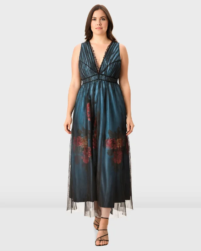 Sheer tulle overlay floral print dupioni dress | black