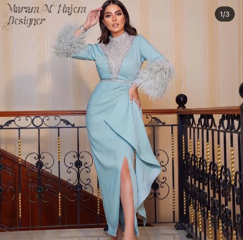 high neck blue evening dresses long sleeve feather mermaid arabic sparkly elegant formal dress abendkleider high neck blue evening dresses long sleeve feather mermaid arabic sparkly elegant formal dress abendkleider