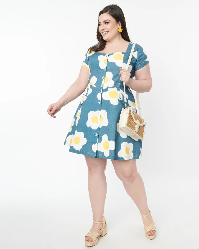 Unique Vintage Plus Size Blue Denim & Egg Flower Print Fit & Flare Dress | Teal/egg print Unique Vintage Plus Size Blue Denim & Egg Flower Print Fit & Flare Dress | Teal/egg print