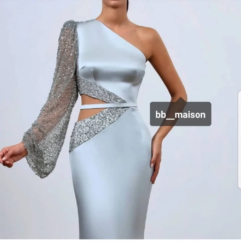 one shoulder mermaid evening dresses long beaded silver satin modest evening gown vestido de Longo