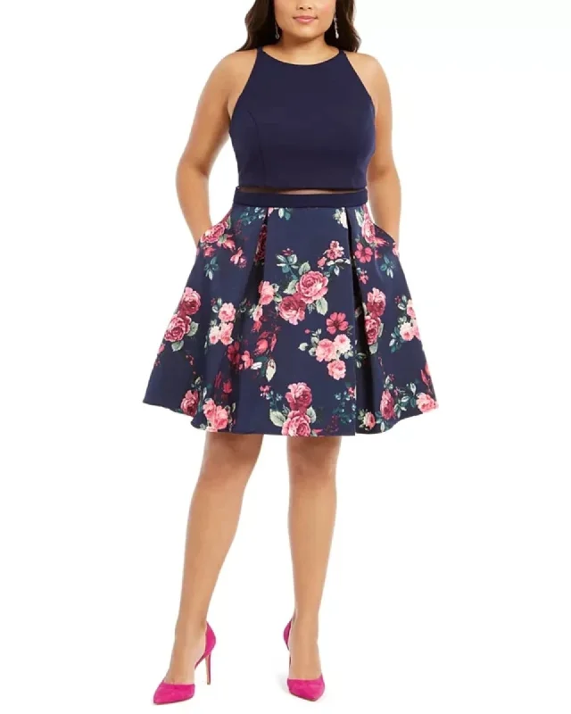 B Darlin Women's Trendy Plus Size Illusion Floral-Print Fit & Flare Dress Navy Size 20 | Blue