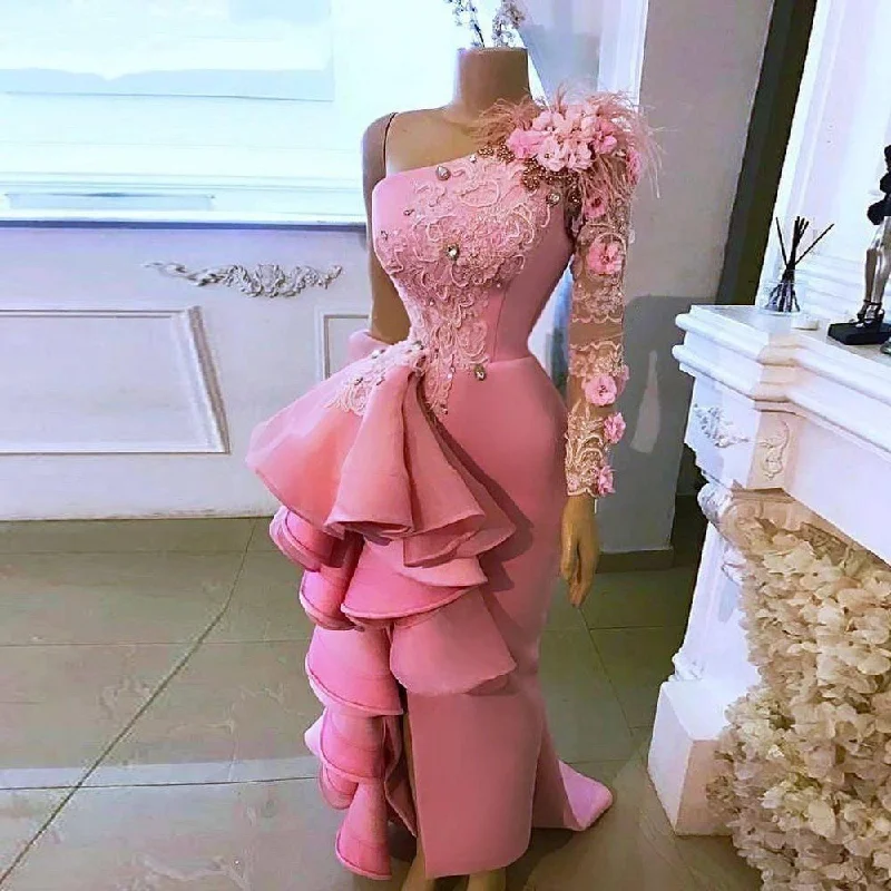 one shoulder pink evening dresses long tiered feather lace applique floral elegant evening gown