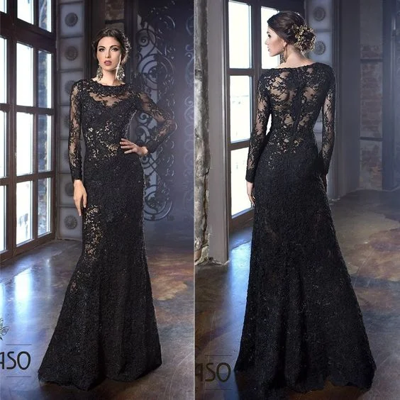 vestidos de fiesta black evening dresses long sleeve mermaid modest lace applique elegant evening gown