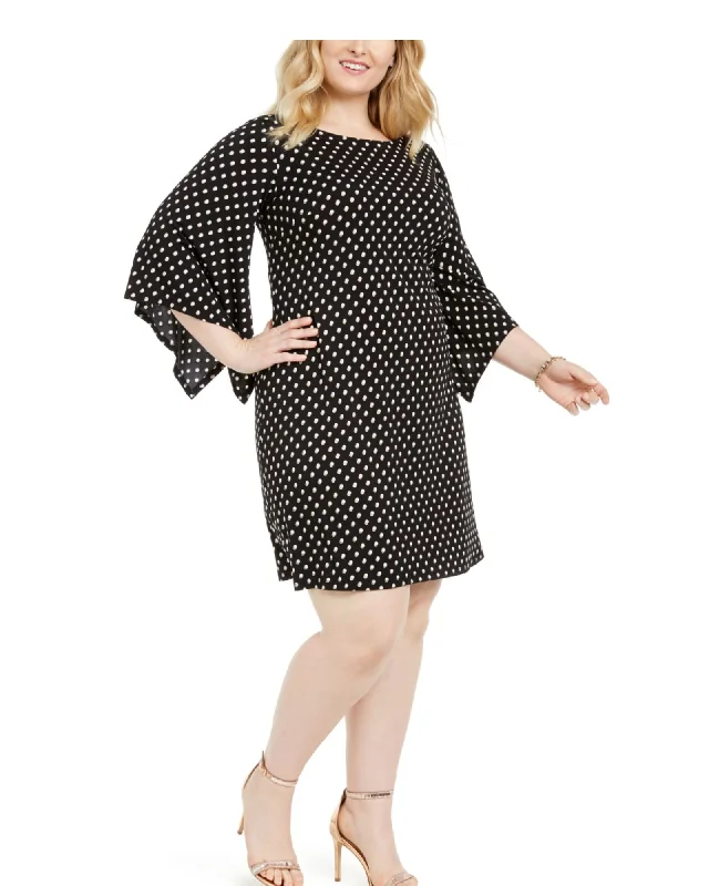 Msk Women's Plus Dot Print Bell Sleeve Dress Black Size 3X | Black