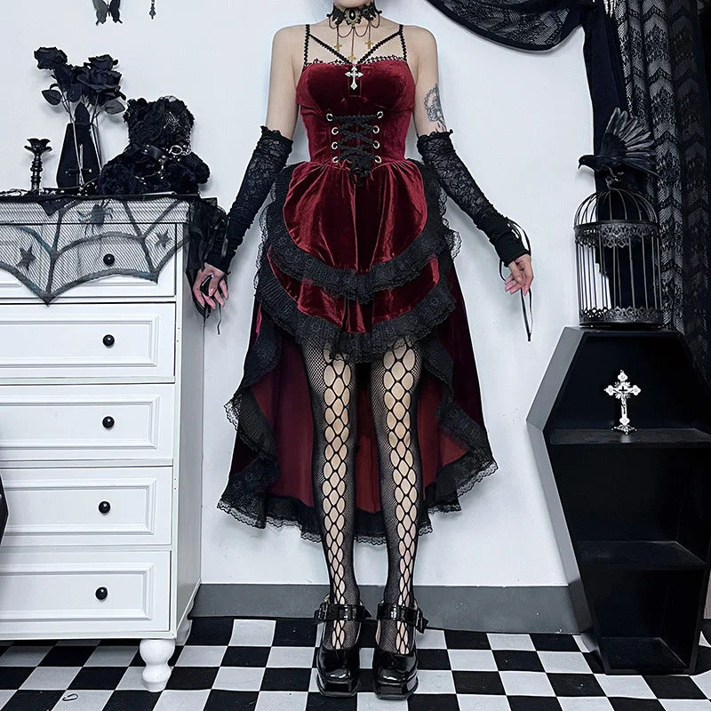 Women's Gothic Sexy Slim Halter Lace-Up Waist Gown with Lace Hem - Velvet High-Waisted Dress Women's Gothic Sexy Slim Halter Lace-Up Waist Gown with Lace Hem - Velvet High-Waisted Dress