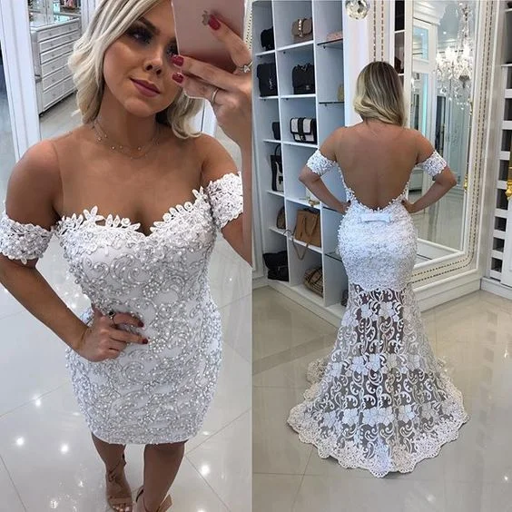 removable skirt white evening dresses 2021 off the shoulder lace applique beaded mermaid evening gown
