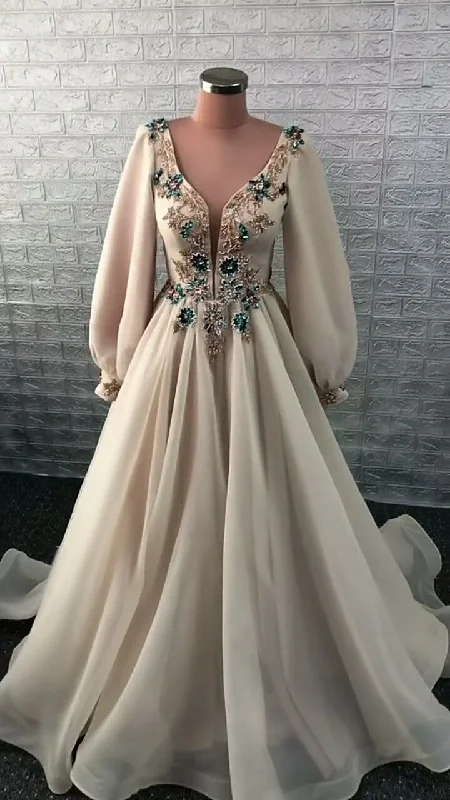 Elegant A-line V Neck Long Sleeves Prom Dress,Modest Prom Gown cc682