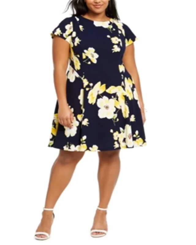 Jessica Howard Women's Plus Floral Print a Line Dress Navy Size 14W | Blue