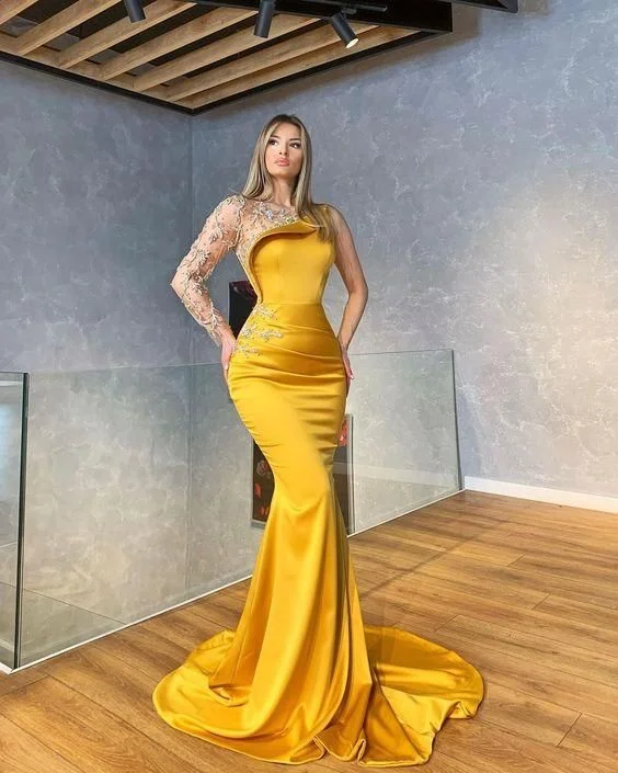 vestidos formals elegant yellow evening dresses long sleeve mermaid modest lace applique evening gown vestidos formals elegant yellow evening dresses long sleeve mermaid modest lace applique evening gown
