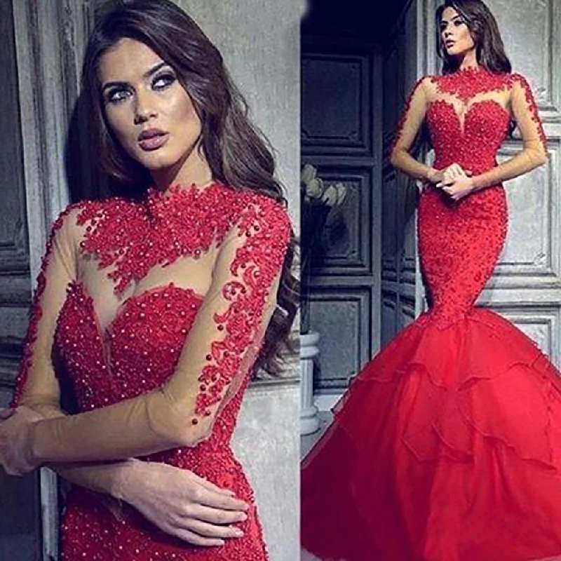 red evening dresses long sleeve beaded Lace Applique mermaid elegant modest formal evening gowns red evening dresses long sleeve beaded Lace Applique mermaid elegant modest formal evening gowns
