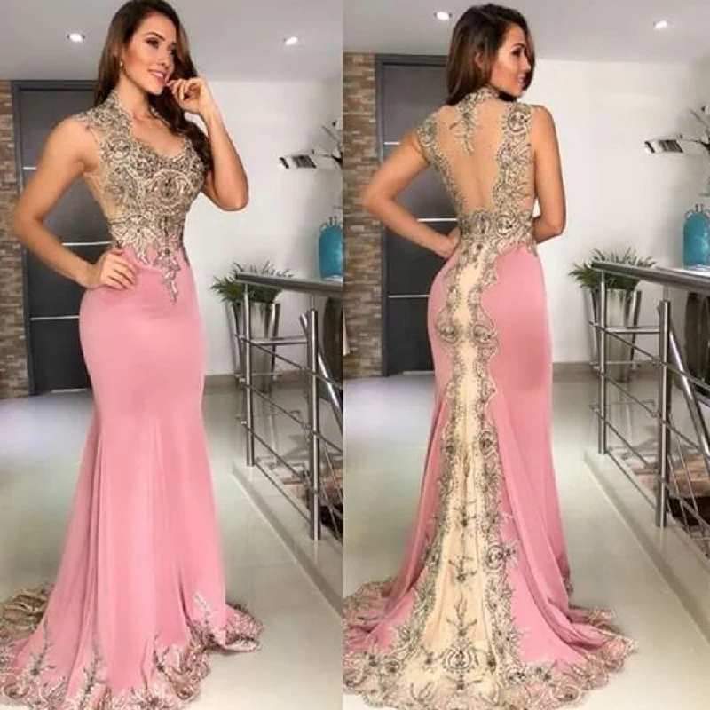 mermaid pink evening dresses long sleeveless lace appliqué beaded elegant evening gown 2020 formal dress mermaid pink evening dresses long sleeveless lace appliqué beaded elegant evening gown 2020 formal dress