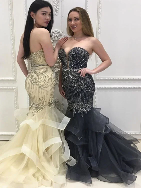 luxury beaded evening dresses long sweetheart neck black mermaid modest champagne elegant evening gown