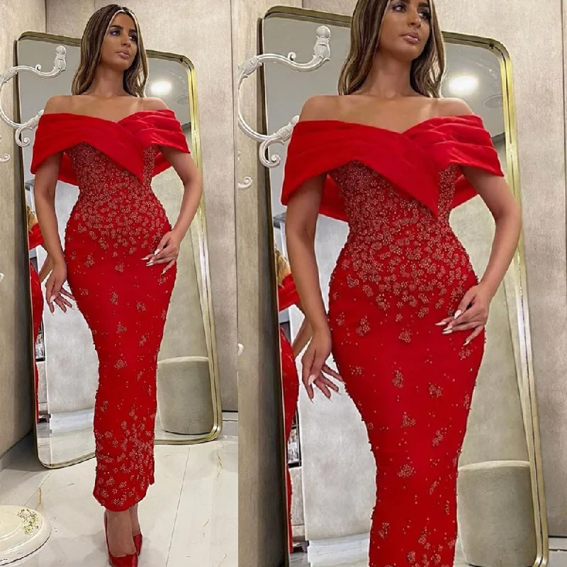 red evening dresses long sparkly mermaid off the shoulder elegant modest luxury formal evening gown