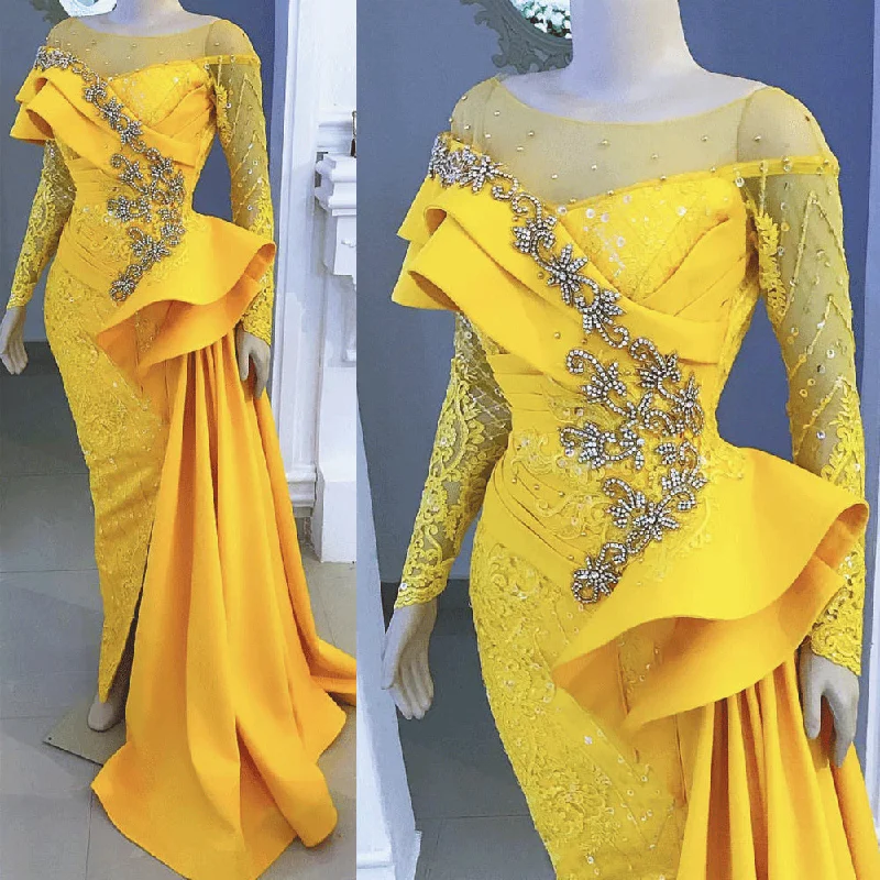 yellow evening dresses long sleeve lace appliqué luxury mermaid beaded elegant evening gown with train 2020 yellow evening dresses long sleeve lace appliqué luxury mermaid beaded elegant evening gown with train 2020
