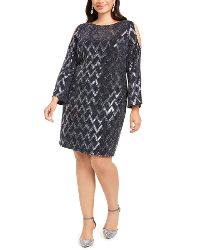 Jessica Howard Women's Plus Metallic Cold Shoulder Sheath Dress Blue Size 14-W | Blue