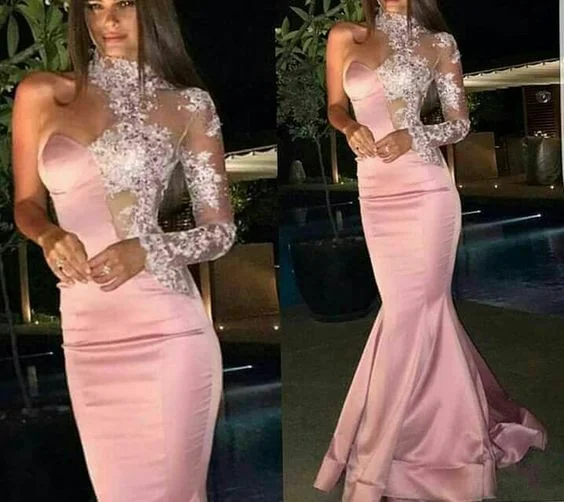 high neck sexy formal dresses long sleeve one shoulder lace applique beaded pink evening dress vestidos de fiesta high neck sexy formal dresses long sleeve one shoulder lace applique beaded pink evening dress vestidos de fiesta