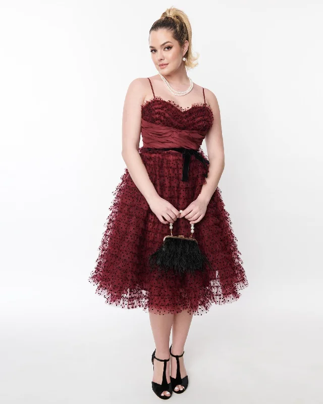 Unique Vintage Burgundy & Black Polka Dot Tulle Cupcake Swing Dress | Burgundy