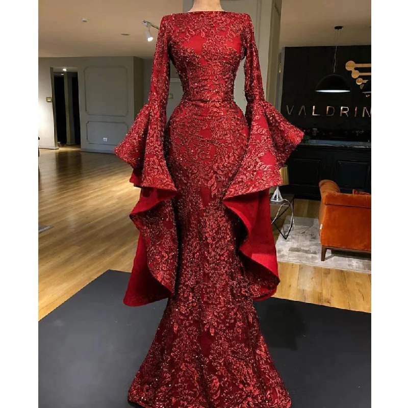 luxury flare sleeve evening dresses long sparkle sequin appliqué Burgundy mermaid evening gown 2020 luxury flare sleeve evening dresses long sparkle sequin appliqué Burgundy mermaid evening gown 2020