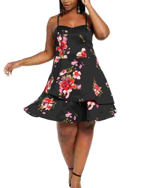 Sequin Hearts Women's Trendy Plus Size Floral Fit & Flare Dress Red Size 14 | Red