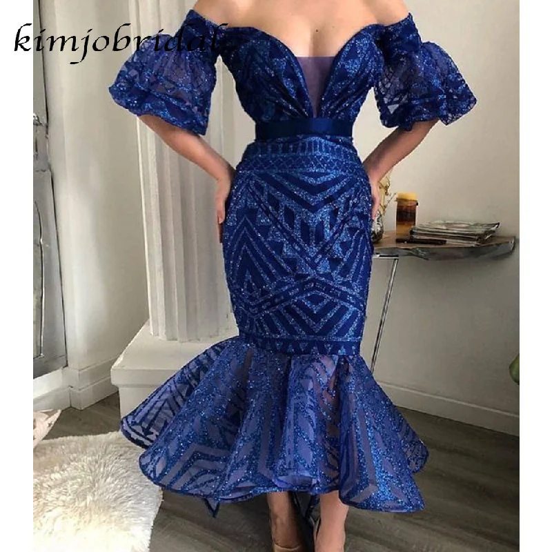 royal blue evening dresses short sparkle off the shoulder mermaid elegant evening gowns 2020 royal blue evening dresses short sparkle off the shoulder mermaid elegant evening gowns 2020